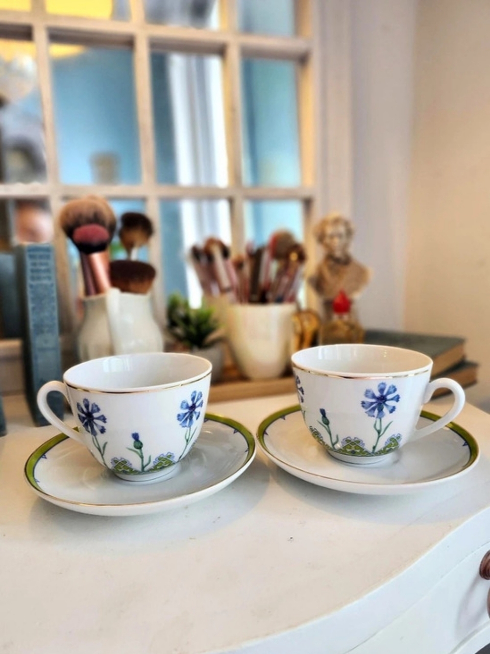 Imperial Porcelain Floral Cup and Saucer Set in White & Blue Like New